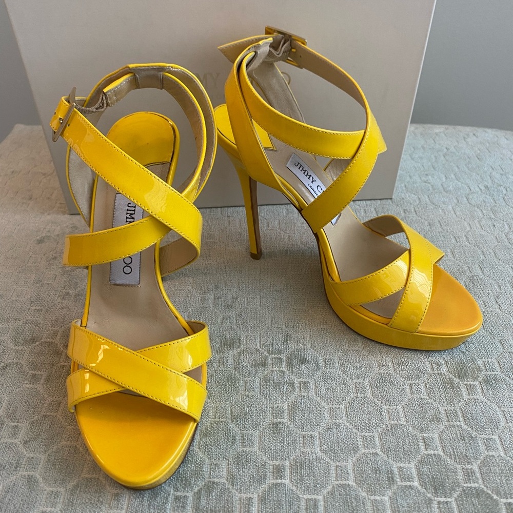 Jimmy Choo patent leather yellow platform heels, size 36.5